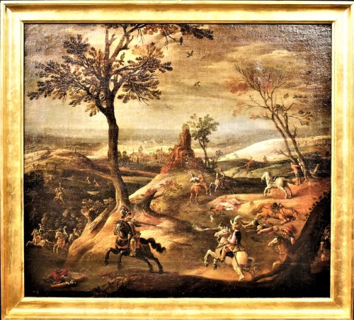 Assault on the village with clash between knights, 17th c. Flemish master - Paintings & Drawings Style Louis XIV